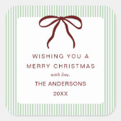 Classic Stripes Red Bow Merry Christmas スクエアシール (正面)