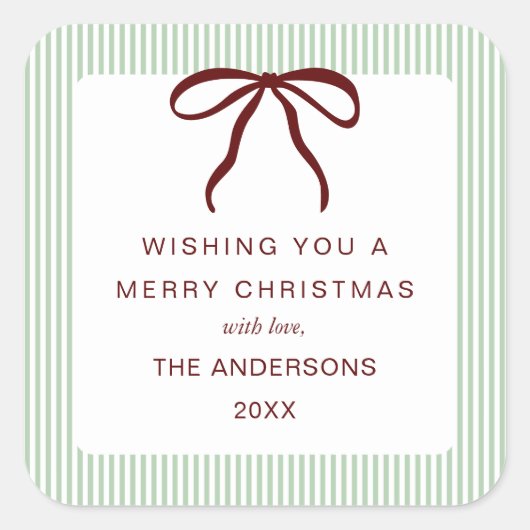 Classic Stripes Red Bow Merry Christmas スクエアシール (正面)