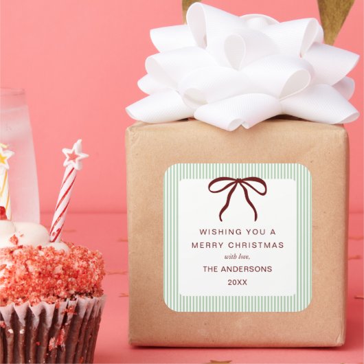 Classic Stripes Red Bow Merry Christmas スクエアシール (パーティー)