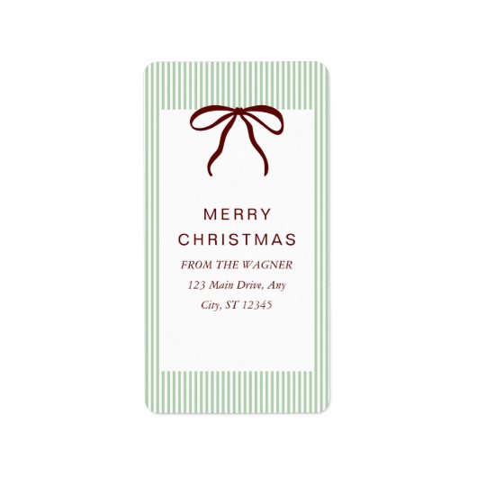 Classic Stripes Red Bow Merry Christmas ラベル (正面)