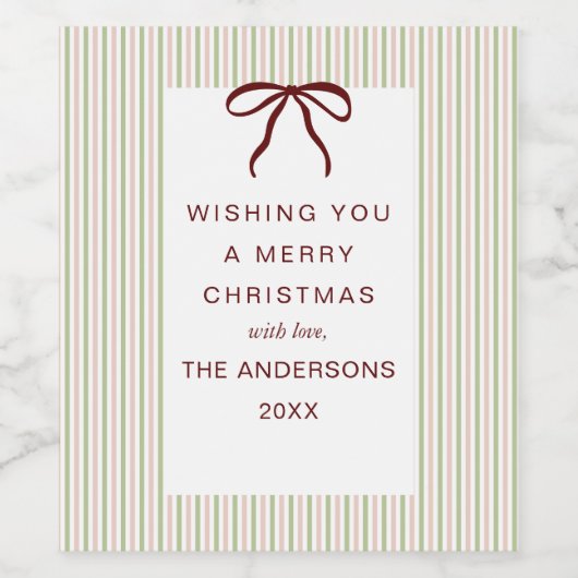 Classic Stripes Red Bow Merry Christmas ワインラベル (シングルラベル)
