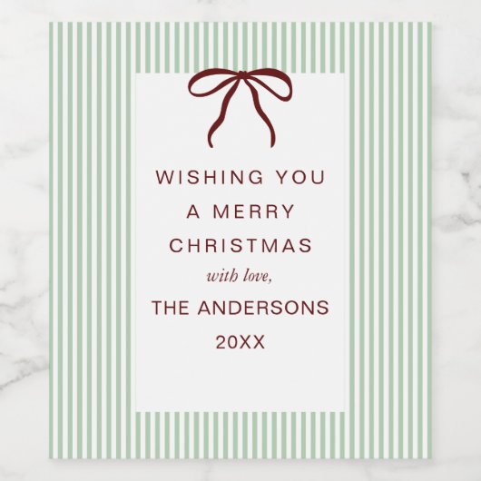 Classic Stripes Red Bow Merry Christmas ワインラベル (シングルラベル)