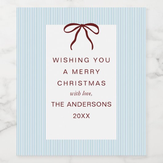 Classic Stripes Red Bow Merry Christmas ワインラベル (シングルラベル)