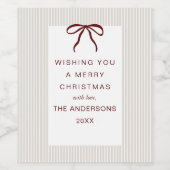 Classic Stripes Red Bow Merry Christmas ワインラベル (シングルラベル)