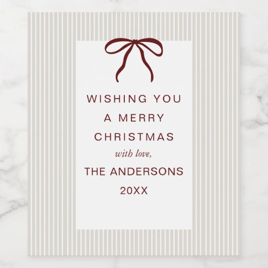 Classic Stripes Red Bow Merry Christmas ワインラベル (シングルラベル)
