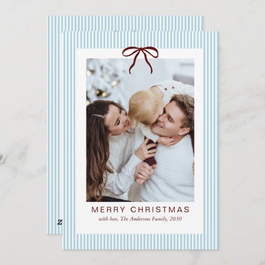 Classic Stripes Red Bow Merry Christmas Photo  シーズンカード (正面/裏面)