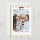 Classic Stripes Red Bow Merry Christmas Photo シーズンカード (正面)