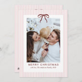 Classic Stripes Red Bow Merry Christmas Photo  シーズンカード (正面/裏面)