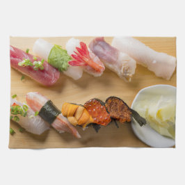 Classic Sushi Assortment on Wood キッチンタオル