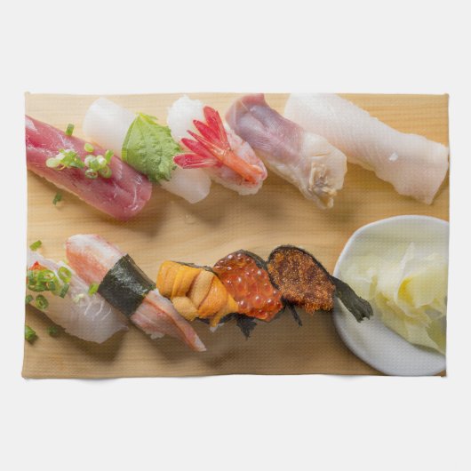 Classic Sushi Assortment on Wood キッチンタオル (横)