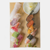 Classic Sushi Assortment on Wood キッチンタオル (縦)