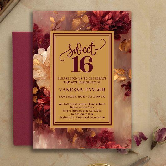 Classic Sweet Sixteen Burgundy Blush Floral Invite 招待状