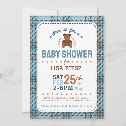 Classic Tartain Plaid Teddy Bear Baby Shower 招待状 (正面)