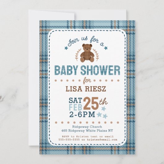 Classic Tartain Plaid Teddy Bear Baby Shower 招待状 (正面)