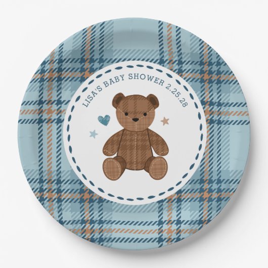 Classic Tartan Plaid Teddy Bear, Baby Boy Shower  ペーパープレート (正面)