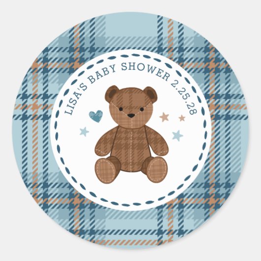 Classic Tartan Plaid Teddy Bear, Baby Boy Shower  ラウンドシール (正面)