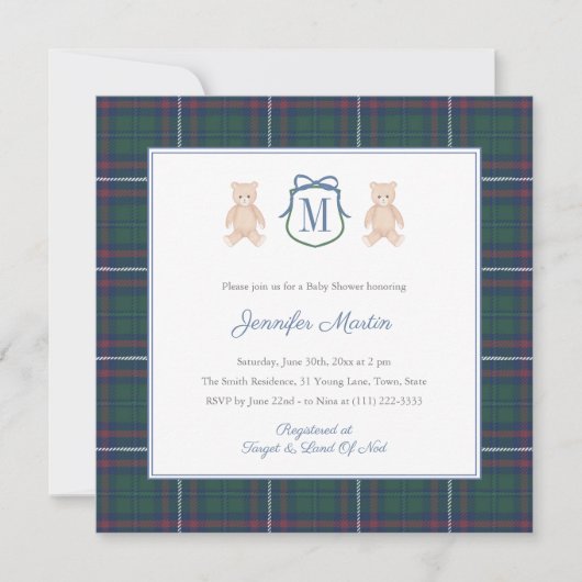 Classic Tartan Teddy Bear Winter Baby Boy Shower 招待状 (正面)