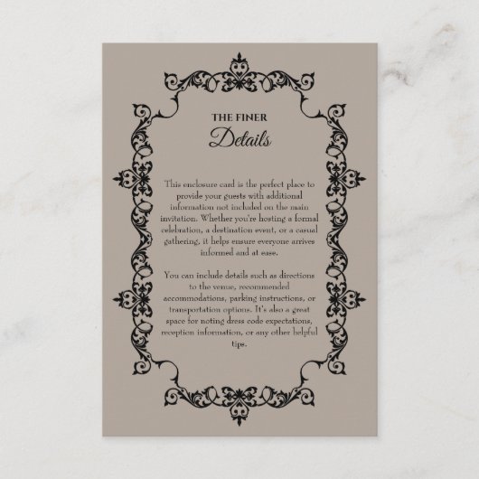 Classic Taupe Linen Brown Ornately Framed Wedding エンクロージャーカード (正面)