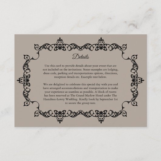 Classic Taupe Linen Brown Ornately Framed Wedding エンクロージャーカード (正面)