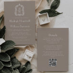 Classic Taupe Monogram Crest QR Code Wedding 招待状<br><div class="desc">This elegant vintage-inspired wedding invitation design features a pair of white monogram initials in open serif font above and below a dividing line and encircled by a line art acanthus crest on a taupe background. The reverse side provides space for wedding details on a solid taupe background, along with a...</div>