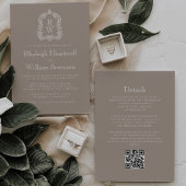 Classic Taupe Monogram Crest QR Code Wedding 招待状