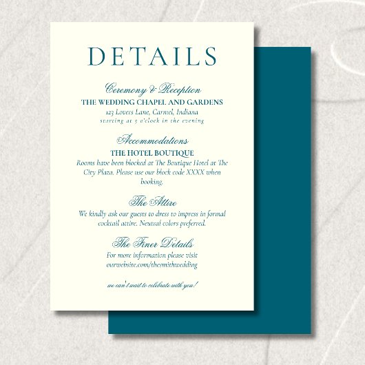 Classic Teal Blue Minimalist Wedding Details エンクロージャーカード