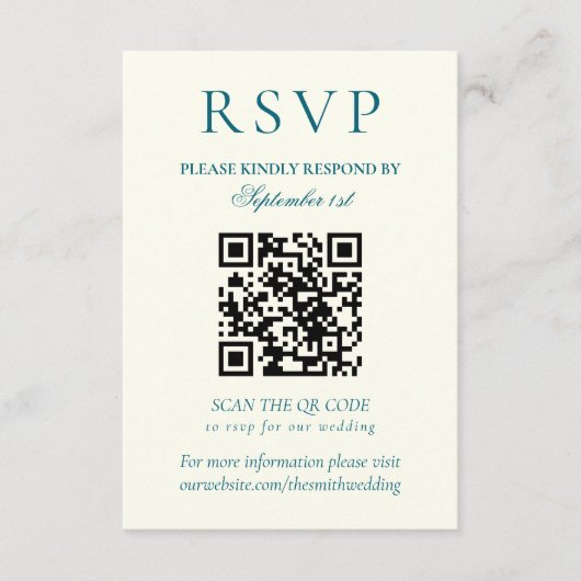 Classic Teal Blue Minimalist Wedding QR Code 出欠カード (正面)