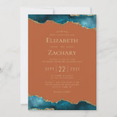 Classic Teal Gold Agate Burnt Orange Wedding 招待状 (正面)