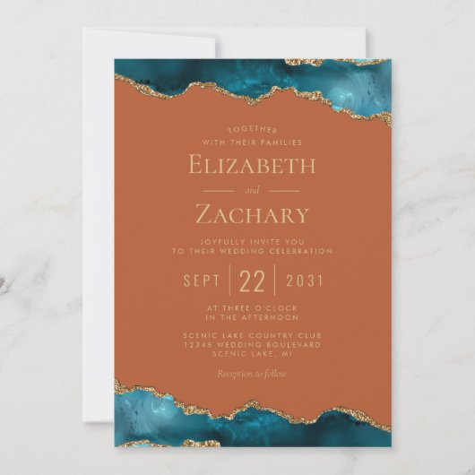 Classic Teal Gold Agate Burnt Orange Wedding 招待状 (正面)