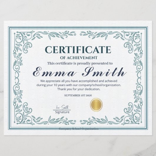 Classic Teal Ornate Certificate of Achievement (正面)