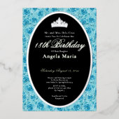 Classic Teal Roses 18th Birthday Debut Silver 箔招待状 (正面)