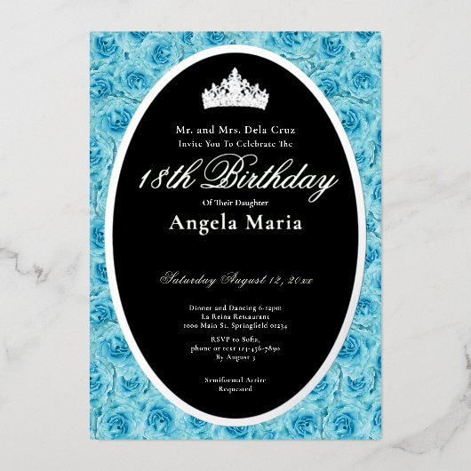 Classic Teal Roses 18th Birthday Debut Silver 箔招待状 (正面)