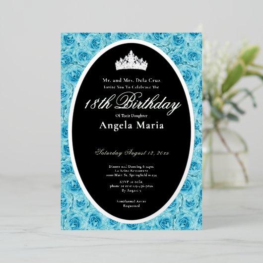 Classic Teal Roses 18th Birthday Debut Silver 箔招待状 (立ち正面)