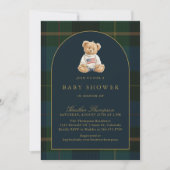 Classic Teddy Bear Green & Blue Plaid Baby Shower 招待状 (正面)