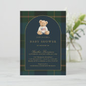 Classic Teddy Bear Green & Blue Plaid Baby Shower 招待状 (スタンド正面)