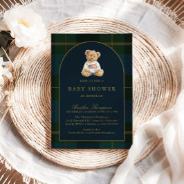 Classic Teddy Bear Green & Blue Plaid Baby Shower 招待状
