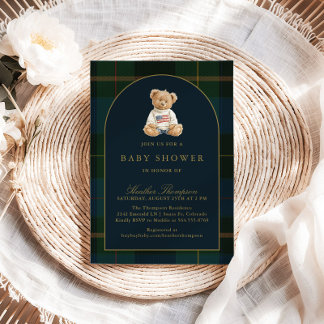 Classic Teddy Bear Green & Blue Plaid Baby Shower 招待状