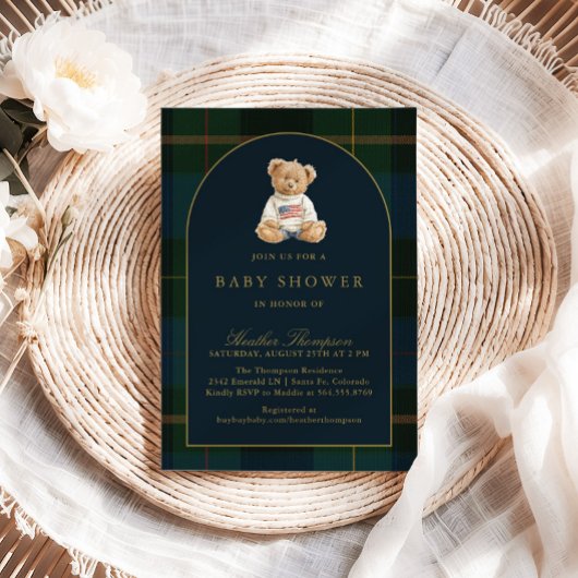 Classic Teddy Bear Green & Blue Plaid Baby Shower 招待状