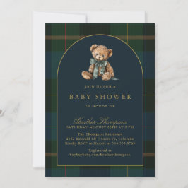 Classic Teddy Bear Green & Blue Plaid Baby Shower 招待状