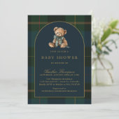 Classic Teddy Bear Green & Blue Plaid Baby Shower 招待状 (スタンド正面)