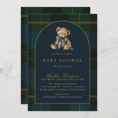 Classic Teddy Bear Green & Blue Plaid Baby Shower 招待状 (正面/裏面)