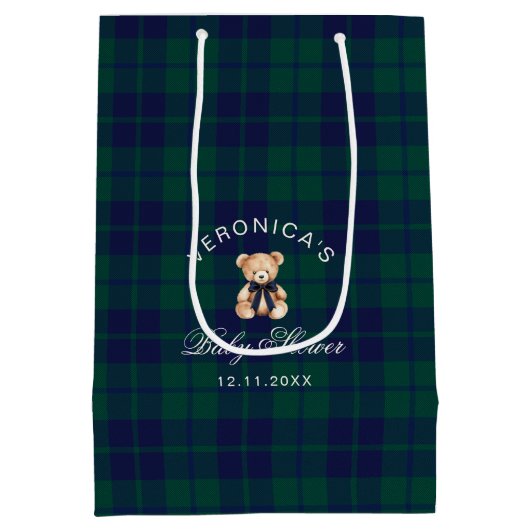 Classic Teddy Bear Navy Plaid Baby Shower ミディアムペーパーバッグ (裏面)