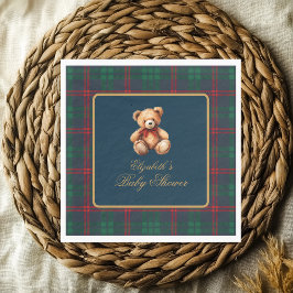 Classic Teddy Bear Navy Plaid Preppy Baby Shower スタンダードランチョンナプキン