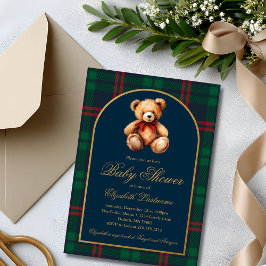 Classic Teddy Bear Navy Plaid Preppy Baby Shower 招待状