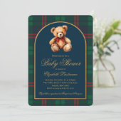 Classic Teddy Bear Navy Plaid Preppy Baby Shower 招待状 (スタンド正面)