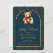 Classic Teddy Bear Navy Plaid Preppy Baby Shower 招待状 (正面)