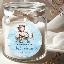 Classic Teddy Bear Pilot Blue Brown Baby Shower  ラウンドシール