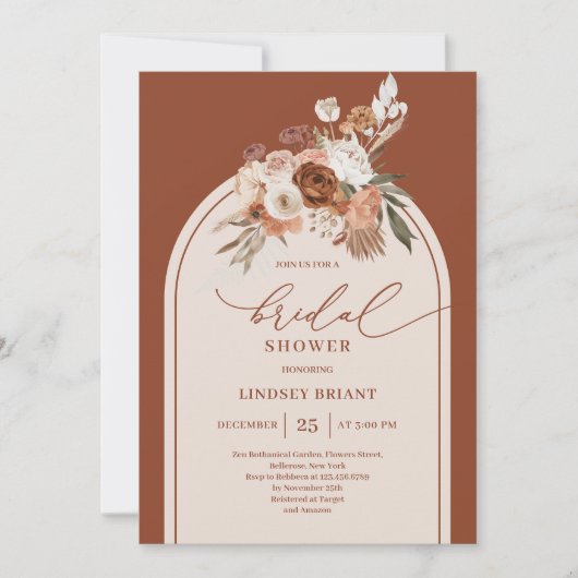 Classic Terracotta Pampas Grass Boho Bridal Shower 招待状 (正面)