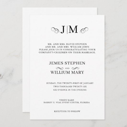 Classic Traditional Monogram Calligraphy Wedding 招待状 (正面/裏面)