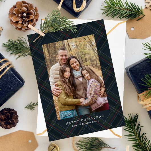 Classic traditional navy plaid two photo Christmas シーズンカード